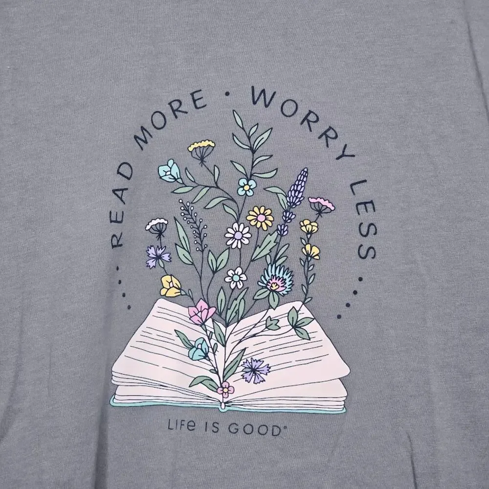 Life is Good crusher graphic tee muted green read more worry less bookish Size M - Picture 2 of 5